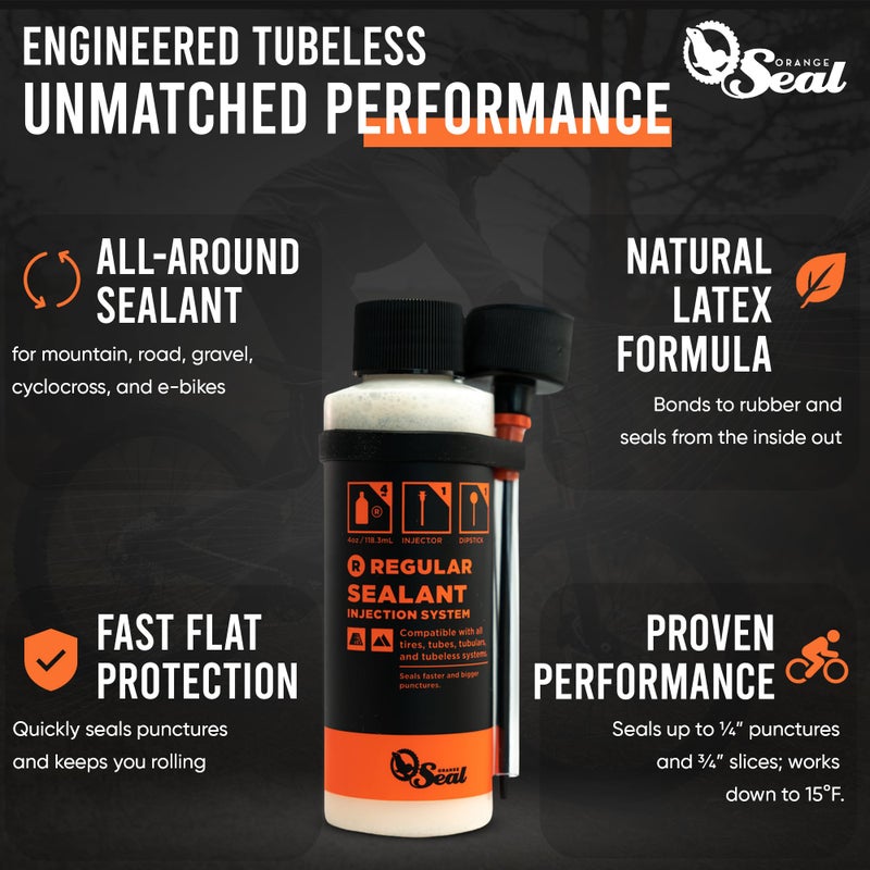 Orange Seal - Regular Formula Tubeless Bike Tire Sealant with Injector | Fast Sealing, up to 1/4" Puncture | for MTB, Road, CX and Gravel Bicycle Tires | 4oz w/Injector - Image 2
